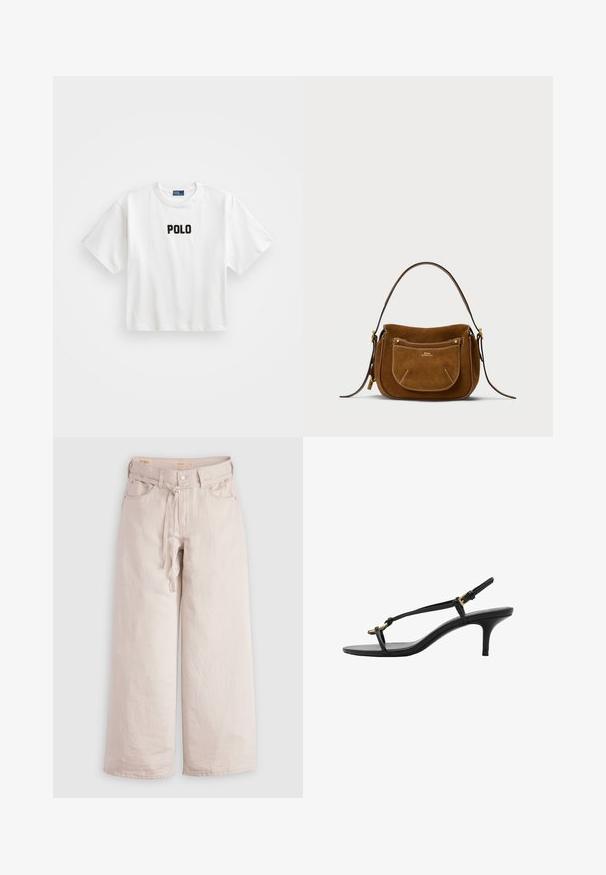 Tricou alb din bumbac cu mâneci scurte, având un logo „POLO” brodat negru pe față. Design simplu, de tip boxy.; Pantaloni largi de denim, de culoare bej deschis, cu închidere cu nasture, curea și buzunare frontale. Textură netedă, cu un croi lejer.; Sandal cu toc kitten din piele neagră, cu curele subțiri, cataramă aurie și buclă minimalistă pentru degetele de la picioare, pe un fundal alb.; Geantă de umăr din suede maroniu, cu o formă curbată, cusături contrastante, accente de hardware aurii și o buzunar frontal cu fermoar.