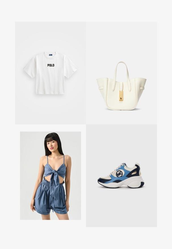Fehér pamut póló rövid ujjakkal, az elején fekete hímzett "POLO" logóval. Egyszerű, dobozos kialakítás.; Laurella Rövidnadrágok - grey; Fehér, tengerészkék és világoskék velúr sneaker vastag talppal és kör alakú hímzett logóval az oldalon.; Fehér bőr táska strukturált formával, kiemelkedő varrásokkal, arany színű fém címkével és dupla fogantyúkkal. Texturált felület oldalzsebekkel.