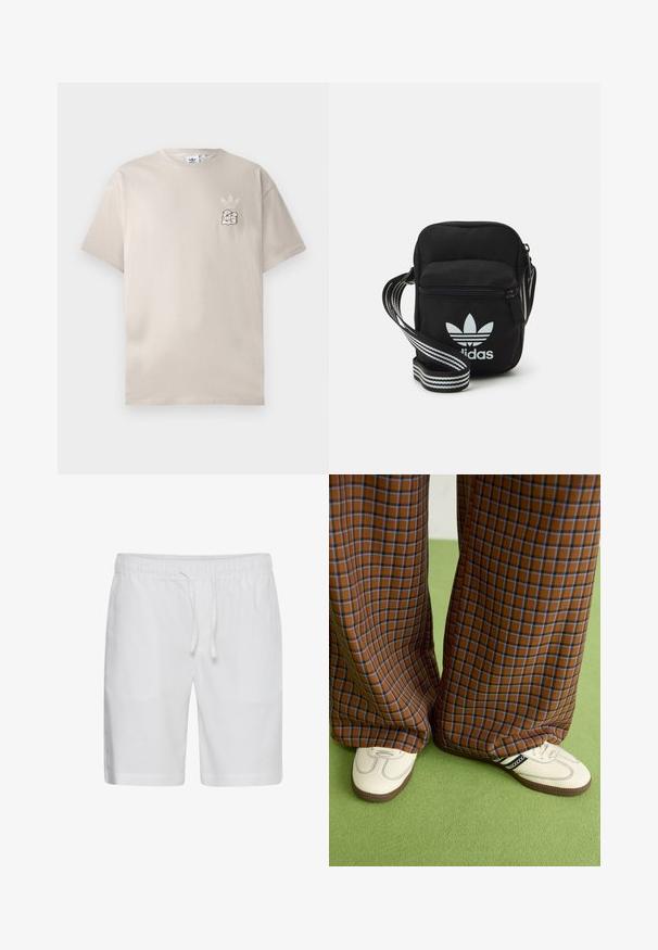 Beige bomulls t-skjorte med rund hals, korte ermer og en subtil grafisk logo på venstre bryst. Myk tekstur, enkelt design.; Casual Friday CFPHELIX LINEN MIX - Shorts - bright white; Brune og blå rutete vide bukser sammen med hvite sko med svarte detaljer og teksturerte såler, satt mot en grønn bakgrunn.; Svart stoff crossbody veske med glidelås, med en hvit Adidas-logo og enstripet justerbar stropp for enkel bæring.
