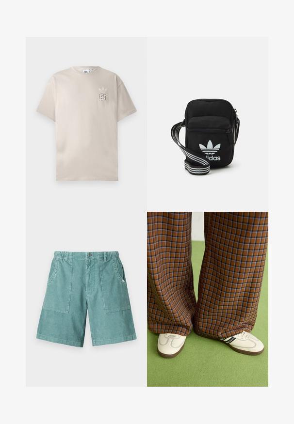 Beige cotton t-shirt with a round neck, short sleeves, and a subtle graphic logo on the left chest. Soft texture, simple design.; Cotton corduroy shorts in light teal, featuring an elastic waistband, two side pockets, and a knee-length cut. Textured vertical stripes.; Brown and blue plaid wide-leg trousers paired with white shoes featuring black accents and textured soles, set against a green background.; Black fabric crossbody bag with a zipper closure, featuring a white Adidas logo and a striped adjustable strap for easy carrying.