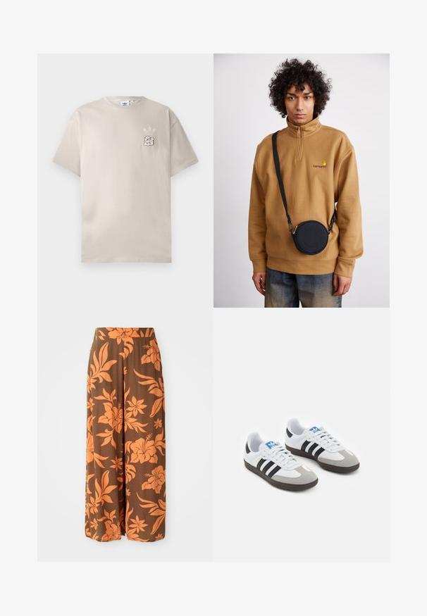 Beige puuvillane t-särk ümmarguse kaelusega, lühikeste varrukatega ja vasakul rinnal diskreetne graafiklogo. Pehme tekstuur, lihtne disain.; Pruunid laiad püksid, millel on oranž lillemuster. Sile tekstuur, kõrge vöökoht ja küljetaskud. Looduslik ja voolav disain.; Spordijalatsid valge nahkpealsega, halli nubuk-naha otsaga ja kolme musta triibuga. Omab sinist logo keele peal ja struktureeritud kummitalda.; Prune neljandikta väikese tõmbluku ja broderi logoga fliissweater, mille peal on must ümmargune risti-õlakott, millel on tõmblukk ja logodetail, kombineerituna teksadega.