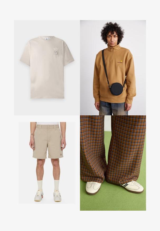 Béžové bavlněné tričko s kulatým výstřihem, krátkými rukávy a jemným grafickým logem na levé části hrudi. Měkká textura, jednoduchý design.; Beige šortky s elastickým pasem, plochým předním designem a logem na levé nohavici. Lehce materiál a délka nad kolena.; Hnědo-modré kostkované široké kalhoty doplněné bílými botami s černými akcenty a texturovanou podrážkou, umístěné na zeleném pozadí.; Hnědý fleecový svetr s krátkým zipem a vyšitým logem, s černou kulatou crossbody taškou se zipem a detailem loga, nošený přes džíny.