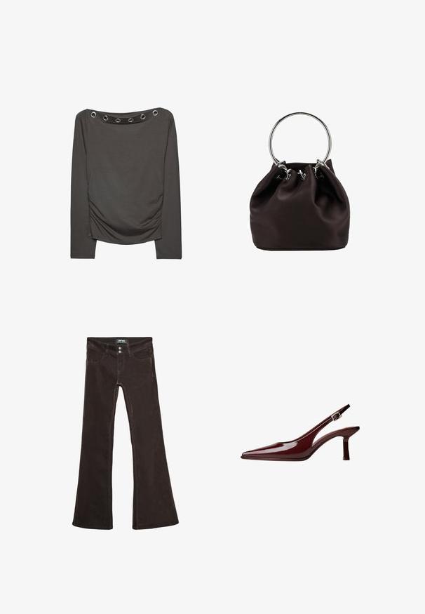 Majica dugih rukava u tamno sivoj tkanini. Ima drapirani dizajn s detaljima od rupica na izrezu i bočnim nabršnjacima.; Smeđe široke traperice napravljene od mekanog materijala, s dva prednja džepa, dva stražnja džepa i metalnim kopčama na struku.; Smeđi lakirani slingback salonke s izduženim vrhom, srednje visinom kitten štiklom i srebrnom kopčom na bijeloj pozadini.; Smeškan smešić u smešnoj boji sa srebrnim kružnim drškama i metalnim detaljima za zatvaranje. Glatka tekstura svuda.