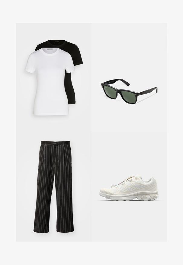 Deux T-shirts à manches courtes en noir et blanc. Fabriqués en coton doux, avec un col rond classique et une coupe standard.; Pantalons larges noirs avec un motif à rayures verticales, fabriqués en tissu lisse avec une fermeture à bouton et des poches latérales.; Chaussure de course blanche avec une tige en maille respirante, des accents texturés et une semelle rembourrée. Dispose d'un système de laçage rapide pour un ajustement facile.; Lunettes de soleil en plastique noir avec verres verts, monture carrée, accent argenté sur le sourcil et branches texturées. Marque indiquée sur l'intérieur de la branche.