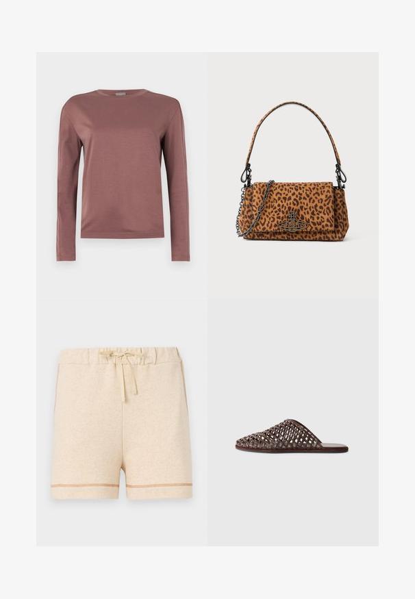Chemise à manches longues en rose poussiéreux, fabriquée en tissu doux. Design à col rond avec coupe droite et détails de couture subtils. Style minimaliste.; Shorts en coton beige avec une taille élastique et un cordon de serrage. Dotés d'une couture contrastante le long de l'ourlet et des côtés.; Sandale glissière tissée marron avec une pointe arrondie, un design ouvert, une semelle plate et une surface texturée. Matériau léger et silhouette minimaliste.; Sac à main en cuir suédé à motifs léopard, avec une courte poignée, une bandoulière en chaîne et un fermoir en métal noir. Forme rectangulaire avec une fermeture à rabat.
