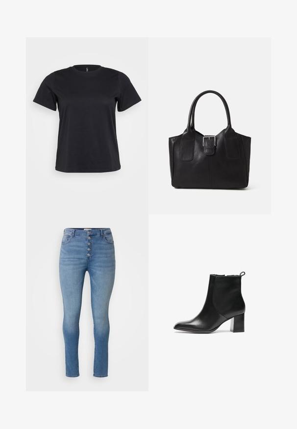 Must mustá puuvillane T-särk lühikeste varrukatega, ümar kaelus, lõdva sobivusega ja sile tekstuur. Ilma nähtavate graafikute või mustriteta.; ONLY Carmakoma CARHUSH MID BUTTON BOX - Kitsa lõikega teksad - light blue; Mustmust musta kingad ümarate varvastega, keskmise kõrgusega blokk-kontsa ja tagaküljel tõmbetoru. Sile tekstuur, minimaalne disain.; Mustgamma nahast kott, millel on sile tekstuur, struktureeritud kuju, kaks käepidet ja esiküljel silmapaistev hõbedane pandla detail.