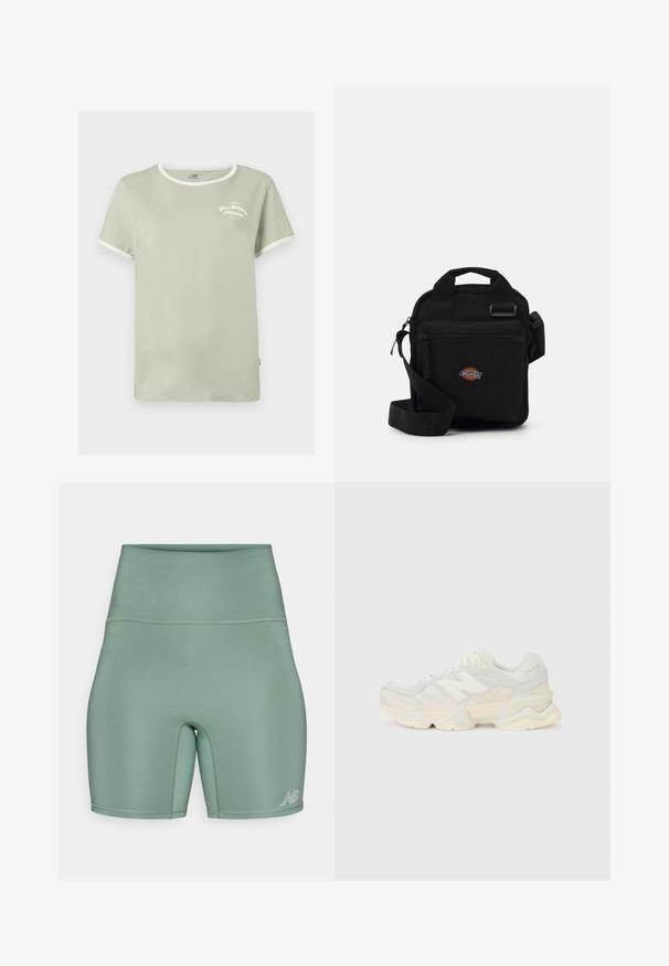 Minta zelena bombažna majica s krožnim izrezom, kontrastnim belim rebrastim robom in subtilnim belim vezenim napisom 'New Balance Athletics'.; Športne kratke hlače z visokim pasom v umirjeni zeleni barvi. Narejene so iz gladkega, raztegljivega materiala z ravnimi šivi in odsevnimi logotipnimi detajli.; Lahki športni čevlji z zgornjim delom iz mrežastega materiala in antilopa v nežnih kremnih tonih, z debelim podplatom in tridimenzionalnimi poudarki.; Črna crossbody torba z zadrgo, pravokotne oblike, izdelana iz blaga, z logotipom na sprednji strani, nastavljivim ramenskim trakom.