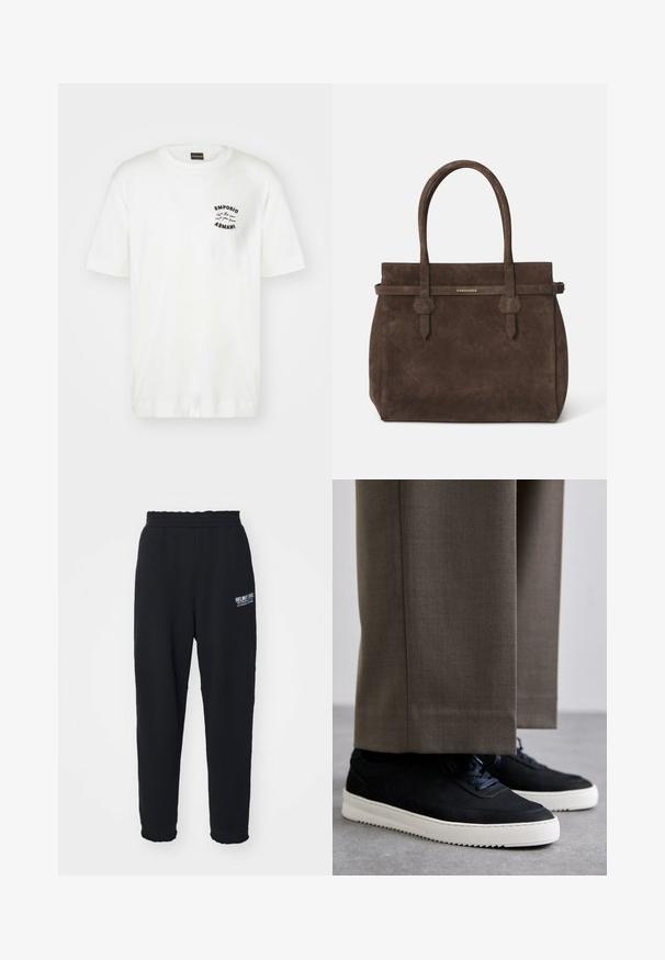 White cotton t-shirt with a crew neck and short sleeves. Features a black embroidered logo on the left chest. Smooth texture.; Black sweatpants made of soft fabric, featuring a stretchy waistband, tapered legs, and a small white logo on the left side.; Black suede sneakers with white rubber soles, featuring a rounded toe and laces, worn with gray tailored pants.; Dark brown suede tote bag with dual handles and a horizontal strap featuring a small gold DSQUARED2 logo plaque.