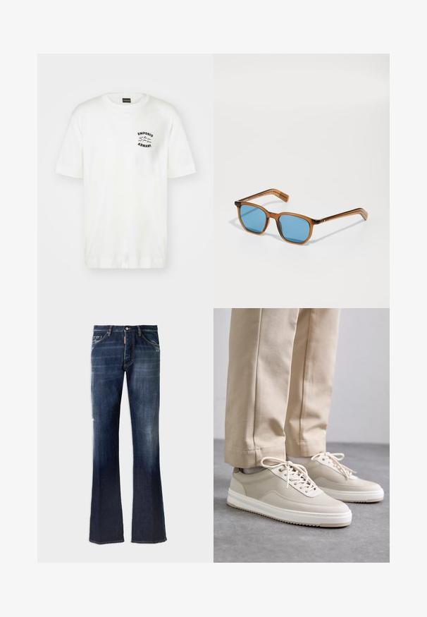 Balta medvilninė marškinėlių su apvalia apykakle ir trumpomis rankovėmis. Kairėje krūtinės pusėje yra juodas siuvinėtas logotipas. Lygi tekstūra.; Tamsiai mėlynos džinsinės platėjančios kelnės su išblukusiu dekoru, penkių kišenių dizainu ir matomu siuvinėjimu. Ant nugaros yra prekės ženklo etiketas.; Šviesiai rudos sportbačiai su tekstūruota viršutine dalimi, baltais padais ir siuvinėjimais, derinami su šviesiai rudomis kelnėmis, rodomi ant pilkos paviršiaus.; Rudos plastikiniai akinių rėmeliai su mėlynomis lęšiais, kvadratinės formos, ploni nagučiai, tekstūruoti akcentai ant šventyklų ir blizgus paviršius.