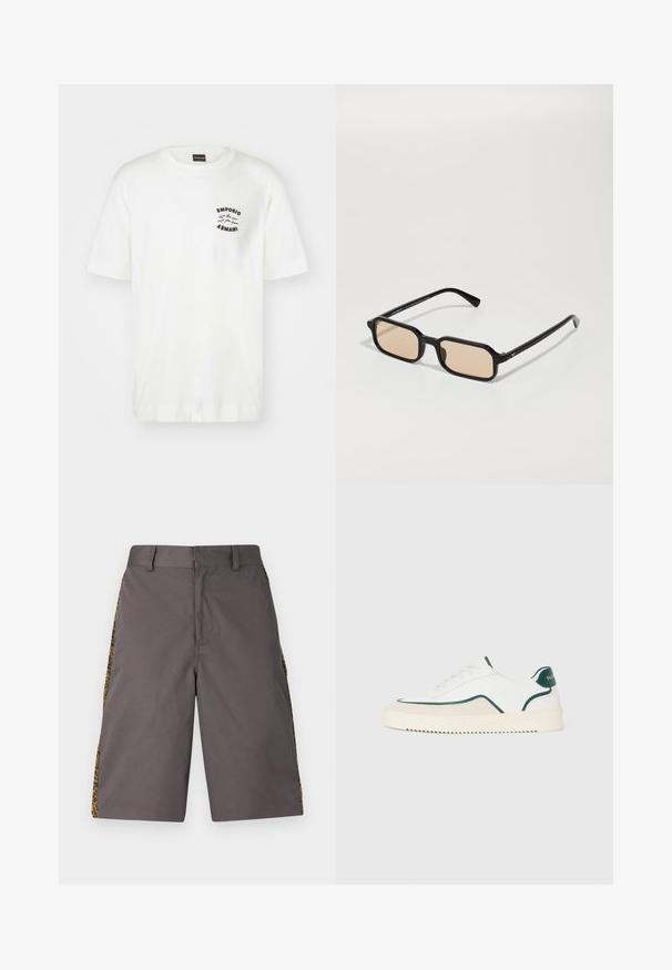 Hvit bomull t-skjorte med rund hals og korte ermer. Har en svart brodert logo på venstre bryst. Glatt tekstur.; Grå shorts laget av et glatt stoff, med siden leopardmønstret paneler, flat front og standard livlinje.; Hvite lave sneakers med grønn kant, beige semsket skinn-detaljer, og en kremfarget såle med mønstrete bunn.; Sorte rektangulære solbriller med lysebrune linser, med en tykk ramme, kantete form og subtile gullaksenter på stengene.