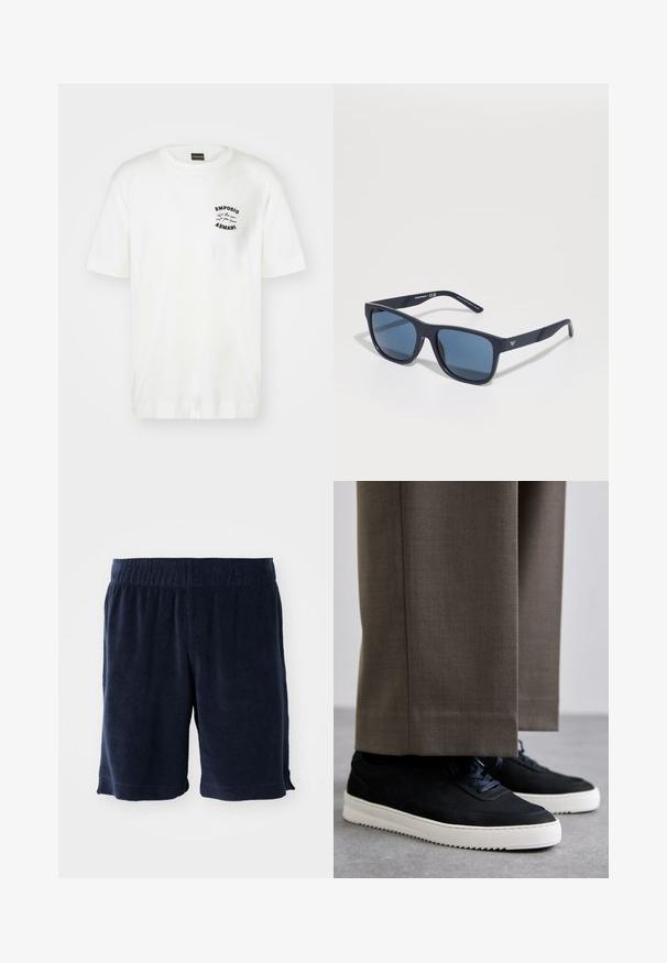 T-shirt bianca in cotone con collo rotondo e maniche corte. Presenta un logo ricamato nero sul lato sinistro del petto. Texture liscia.; Shorts in terry cloth di colore blu navy con vita elastica, lunghezza al ginocchio e tasche laterali. Texture morbida e design semplice.; Sneakers in suede nera con suole in gomma bianca, dotati di punta tonda e lacci, indossati con pantaloni grigi su misura.; Occhiali da sole rettangolari blu con lenti scure, montatura opaca blu navy, dettaglio del logo sulla tempia, aste dritte e una texture solida e liscia.
