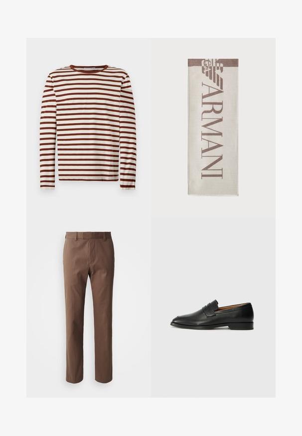 Langermet genser med rund hals og horisontale brune og hvite striper, laget av myk stoff, liggende flatt på en lys bakgrunn.; Brune bukser med en skræddersyet pasform, flad front og to sidelommer. Lavet af et glat stof med en ren finish og uden synlige mønstre.; Svart skinnloafer med rund tå, subtilt sydd detaljering og lav hæl, med en glatt tekstur og minimalistisk design.; Beige skjerf med "ARMANI"-logo i brunt. Rektangulær form med myk tekstur og frynser i kantene. Minimalistisk design, høykvalitets materiale.