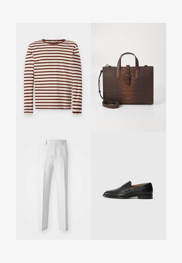 Hosszú ujjú, kerek nyakú póló, vízszintes barna és fehér csíkokkal, puha anyagból, világos háttéren lefektetve.; Világosszürke, testre szabott nadrág len keverékből; sima elülső rész, egyenes láb és övhurkok jellemzik. Minimalista dizájn, látható díszítések nélkül.; Fekete bőr mokaszin, kerek orral, diszkrét varrásokkal és alacsony sarokkal, sima felülettel és minimalista dizájnnal.; Barna krokodilbőr hatású bőr kézitáska tetejére erősített füllel és levehető vállpánttal. Csattal záródik, és téglalap alakú.