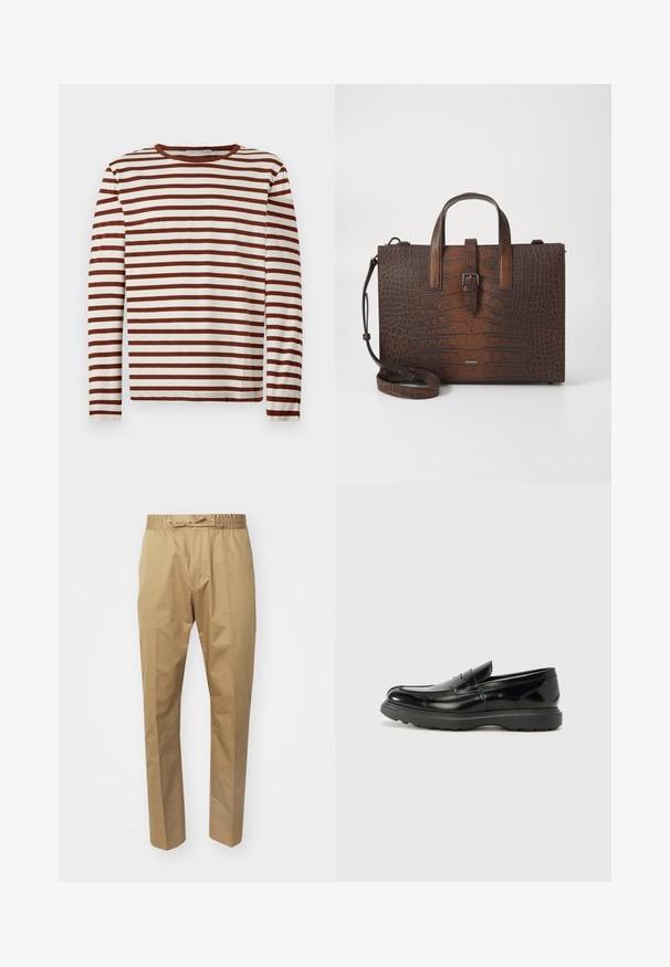 Långärmad tröja med rund hals, i horisontella bruna och vita ränder, tillverkad av mjukt tyg, liggande platt på en ljus bakgrund.; Beiga byxor med elastisk midja och justerbar dragsko. Slät textur, raka ben och minimalistisk design.; Svart läderloaferskor med en glänsande yta, rund tå, diskreta söm detaljer och en tjock gummisula för hållbarhet.; Brun kloakdjursprents läderhandväska med topphandtag och en avtagbar axelrem. Har en spänne stängning och rektangulär form.