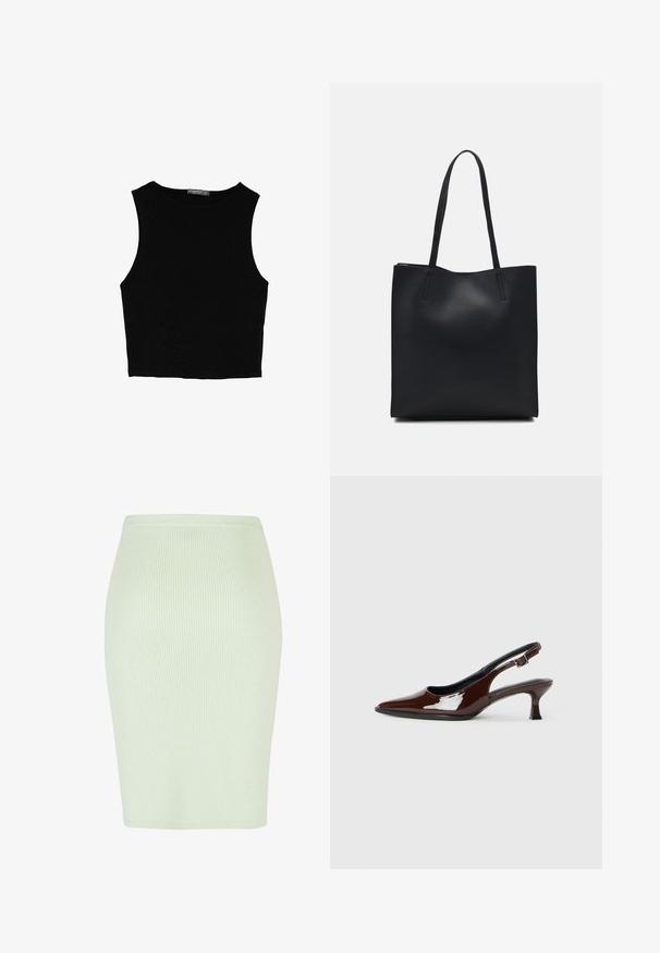Svart ärmlös crop top i mjukt tyg, med rund hals och en ren, enkel design utan mönster eller detaljer.; Stickad pennkjol i ljus mintgrön med vertikal ribbad textur, slimmad passform och slät midja. Perfekt för både avslappnad och formell klädsel.; Brun lackläder slingback-sko med spetsig tå och en måttlig klack. Utrustad med en spännband för säker passform. Slät textur.; Svart lädertoffelväska med slät textur, rektangulär form och två långa handtag. Ingen synlig hårdvara eller dekorationer.
