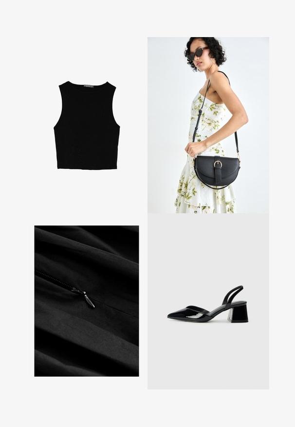 Čierny bezrukávový crop top vyrobený z hladkej tkaniny, so zaobleným výstrihom a čistým, jednoduchým dizajnom bez vzorov alebo kovania.; Čierna tkanina s hladkou textúrou a viditeľným zipsom. Zips má kovový ťahák, ktorý sa jemne spája s tmavým materiálom.; Čierne lakované kožené sandálové podpätky s špicatou špičkou a geometrickým blokovým podpätkom. Disponujú elegantným, minimalistickým dizajnom a hladkým povrchom.; Čierna kožená kabelka s zaobleným tvarom, odnímateľným popruhom a zlatými doplnkami. Kabelka má klopu s detailom s prackou.