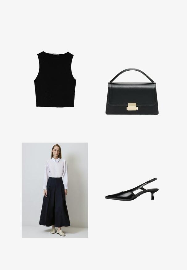 Čierny bezrukávový crop top vyrobený z hladkej tkaniny, so zaobleným výstrihom a čistým, jednoduchým dizajnom bez vzorov alebo kovania.; Biela košeľa s gombíkovým uzáverom, spárovaná s prúžkovanou tmavomodrou skladanou sukňou. Nosí sa s svetlými nazúvacími topánkami.; Čierne lakované kožené lodičky na podpätku s špicatou špičkou, výrezovým dizajnom na boku a malým štvorcovým podpätkom. Hladký povrch s minimálnymi akcentmi.; Čierna kožená kabelka so štruktúrovaným prevedením, horným madlom a detailom zlatého kovového uzáveru na prednej strane. Hladká textura, minimálne šitie.