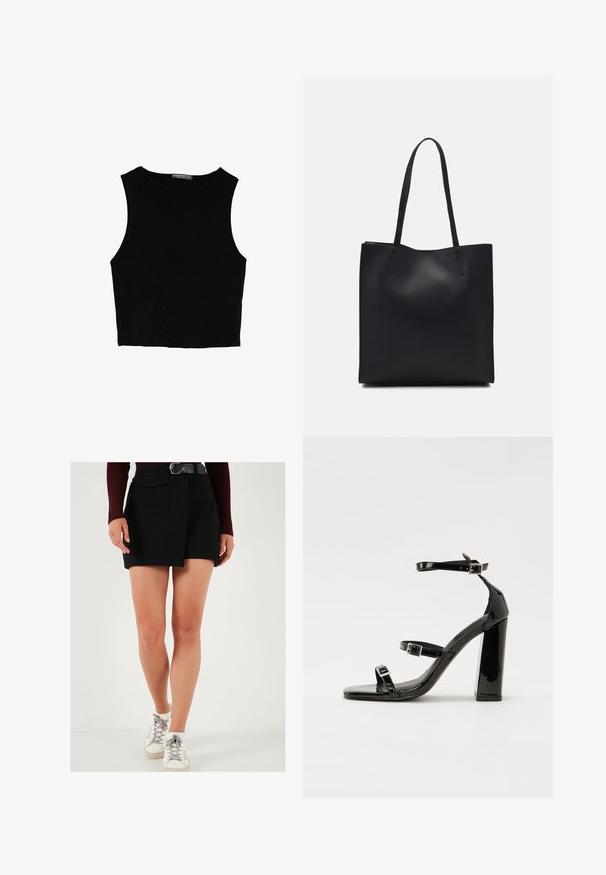 Czarny bezrękawnik crop top z gładkiego materiału, z okrągłym dekoltem i czystym, prostym wzornictwem, bez wzorów czy metalowych elementów.; Czarne szorty z wzorem bocznych paneli, z przednią kieszenią i paskiem. Model ma na sobie białe sneakersy z szarymi akcentami. Gładka tekstura.; Czarne lakierowane sandały na obcasie z kwadratowym noskiem, z paskami wokół kostki i srebrnymi klamrami. Posiadają masywny słupek dla stabilności.; Czarna skórzana torba tote o gładkiej fakturze, prostokątnym kształcie i dwóch długich uchwytach. Brak widocznych elementów metalowych i ozdób.