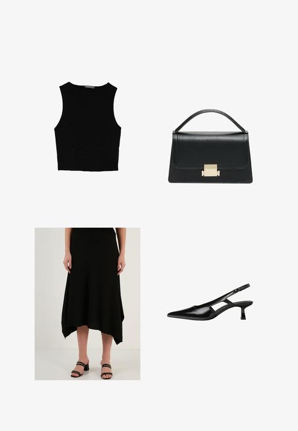 Črn brez rokavov crop top, izdelan iz gladkega materiala, z okroglim izrezom in čistim, preprostim dizajnom brez vzorcev ali dodatkov.; Črna midi krila z teksturirano tkanino, asimetričnim robom in sproščenim dizajnom. V kombinaciji s črnimi sandalami s peto.; Črne patentični usnjeni salonarji s slingback designom, z zašiljenim nosom, izrezanim stranskim dizajnom in majhnim kvadratnim peto. Gladka tekstura z minimalnimi detajli.; Črna usnjena torbica z strukturiranim dizajnom, zgornjim ročajem in zlate kovinske sponke na sprednji strani. Gladka tekstura, minimalno šivanje.