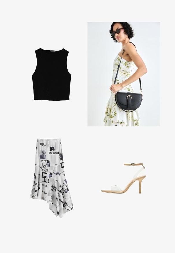 Czarny bezrękawnik crop top z gładkiego materiału, z okrągłym dekoltem i czystym, prostym wzornictwem, bez wzorów czy metalowych elementów.; Biała asymetryczna spódnica z nadrukiem w czarny tekst i obrazki, wykonana z lekkiego materiału. Krawędzie delikatnie obszyte.; Przezroczysta sandał z obcasem, z przezroczystą cholewką, beżową wkładką i smukłym paskiem w okolicy kostki. Posiada spiczasty czubek i cienki wysoki obcas.; Czarna skórzana torebka o zakrzywionym kształcie, z odpinanym paskiem i złotymi akcentami. Torebka posiada klapę z zapięciem w kształcie klamry.