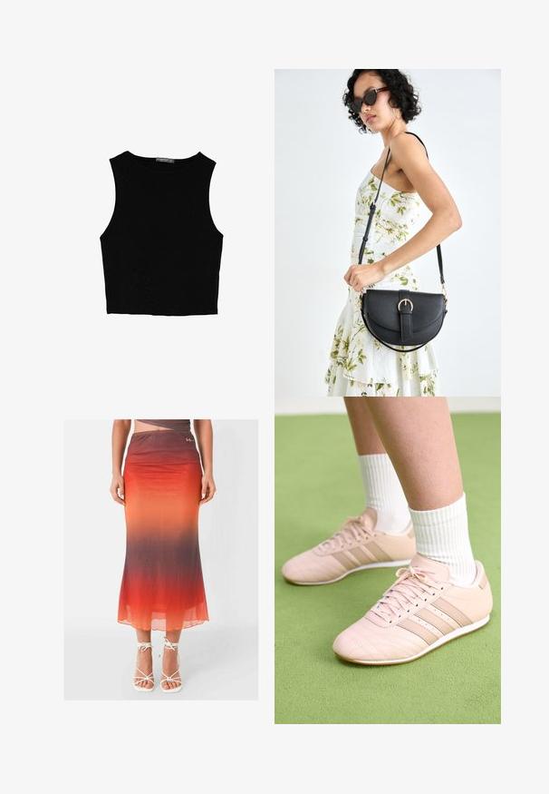 Svart ärmlös crop top i mjukt tyg, med rund hals och en ren, enkel design utan mönster eller detaljer.; Lång, figurnära kjol i en gradient från orange till röd, tillverkad av ett lätt och genomskinligt tyg. Utsmyckad med en liten logotyp på midjebandet.; Ljusrosa sportskor med diagonala sömmar, vita sulor och tre sidostrikar. Bärs tillsammans med ribbade vita strumpor på grön yta.; Svart läderhandväska med en böjd form, avtagbar rem och guldiga detaljer. Väskan har ett lock med en spänndetalj.
