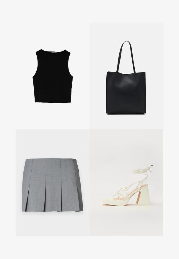 Černý bezsleeve crop top vyrobený z hladké tkaniny, s kulatým výstřihem a čistým, jednoduchým designem bez vzorů nebo kovových doplňků.; Sivá skládací sukně s hladkou texturou, strukturovaným designem a přiléhavým pasem. Vyrobena z lehké tkaniny s jemným vzorem.; Bílé sandály na vysokém podpatku s robustním podpatkem, s designem s pásky a zavazováním kolem kotníku. Hladký povrch s platformou vpředu pro zvýšení výšky.; Černá kožená taška přes rameno s hladkým povrchem, obdélníkovým tvarem a dvěma dlouhými uchy. Žádné viditelné kování ani ozdoby.