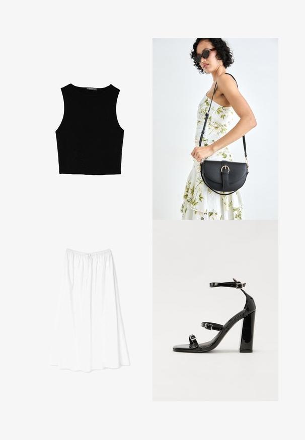 Zwarte mouwloze crop top van soepel materiaal, met een ronde hals en een schone, eenvoudige uitstraling zonder patronen of hardware.; NA-KD Maxirok - white; Zwarte gepatenteerde sandalen met hak en een vierkante neus, enkelbandjes en zilveren gespen. Heeft een stevige blokhak voor stabiliteit.; Zwarte leren handtas met een gebogen vorm, afneembare schouderband en gouden hardware. De tas heeft een klep met een gespsluiting.