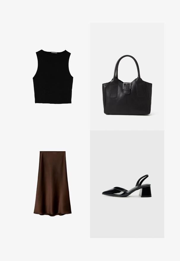 Top corto senza maniche nero realizzato in tessuto liscio, con scollatura rotonda e un design pulito e semplice, privo di pattern o accessori.; Mango Gonna lunga - brown; Décolleté in vernice nera con punta affusolata e tacco in geometria cubica. Presentano un design elegante e minimalista, con una texture liscia.; Borsa tote in pelle nera con texture liscia, forma strutturata, due manici e un evidente dettaglio in fibbia argentata sul davanti.