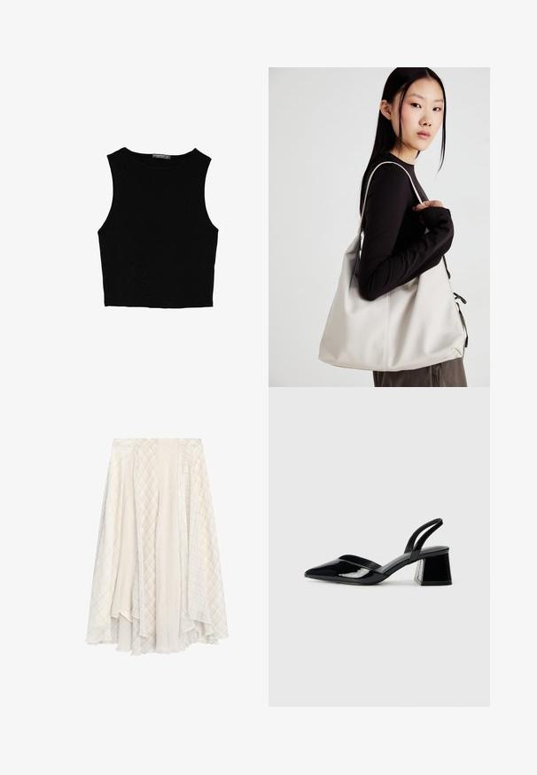 Černý bezsleeve crop top vyrobený z hladké tkaniny, s kulatým výstřihem a čistým, jednoduchým designem bez vzorů nebo kovových doplňků.; Svetle barevná sukně s více panely, která kombinuje kostkované a vzorované látky, má volný střih a texturovaný povrch.; Černé lakované kožené lodičky na pásku s špičatou špičkou a geometrickým blokovým podpatkem. Vyznačují se elegantním, minimalistickým designem a hladkým povrchem.; Beige kabelka vyrobená z měkkého materiálu, s volným designem, prošívanými detaily a dvěma ramenními popruhy. Vhodná pro každodenní použití.