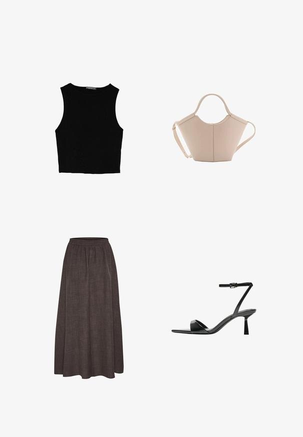 Black sleeveless crop top made of smooth fabric, featuring a round neck and a clean, simple design without patterns or hardware.; Maxi skirt in dark brown, made of textured fabric with an elastic waistband. Wide, flowing silhouette features no visible patterns or accents.; Bershka High heeled sandals - black; Beige leather handbag with a unique shape, featuring two short handles and a long adjustable strap. Smooth texture with minimal hardware.