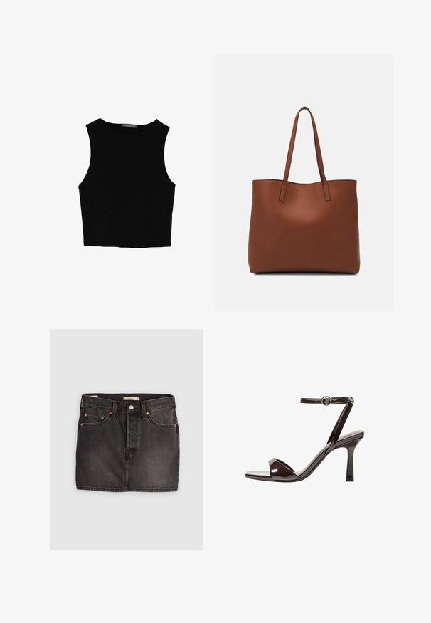Schwarzes ärmelloses Crop-Top aus glattem Stoff, mit rundem Ausschnitt und einem klaren, schlichten Design ohne Muster oder Beschläge.; Schwarzer Jeansrock mit fünf Taschen, metallischem Knopfverschluss und kontrastierender orangener Ziernaht. Hat einen geraden Schnitt und minimale Used-Optik.; Braune Lackleder-High-Heelsandale mit einem Knöchelriemen, offener Zehenpartie und einem schlanken, minimalistischen Design. Verfügt über einen quadratischen Absatz.; Braune Leder-Tote mit glatter Textur, offenem Oberteil und zwei Schulterriemen. Verfügt über minimale Nähte und keine sichtbaren Beschläge.