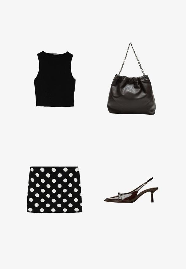 Črn brez rokavov crop top, izdelan iz gladkega materiala, z okroglim izrezom in čistim, preprostim dizajnom brez vzorcev ali dodatkov.; Črna krila z velikimi belimi pikami, narejena iz mehke tkanine z teksturiranim zaključkom. Rob je ravno izrezan, brez vidne strojne opreme.; Rjave lakirane slingback čevlje z oglatim nosom, nizko peto in dekorativno pentljo na sprednji strani. Gladka, sijoča tekstura.; Rjava usnjena torba z nabranim vrhom in verižnim trakom. Gladka tekstura z sijajno površino in subtilnimi šivi na straneh.