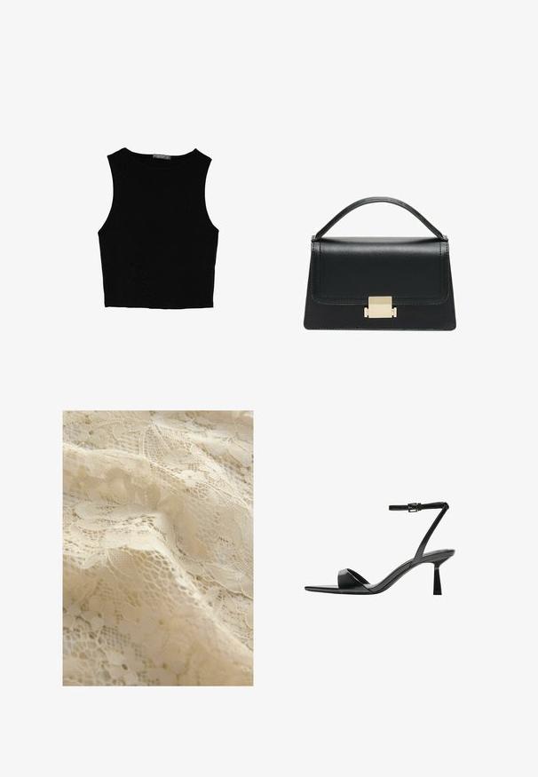 Top court sans manches noir en tissu lisse, avec un col rond et un design épuré, simple, sans motifs ni accessoires.; Tissu en dentelle beige présentant des motifs floraux, des détails complexes, des textures variées et une apparence délicate et transparente.; Bershka Sandales à talons hauts - black; Sac à main en cuir noir au design structuré, avec une poignée supérieure et un détail de fermoir en métal doré à l'avant. Texture lisse, couture minimale.