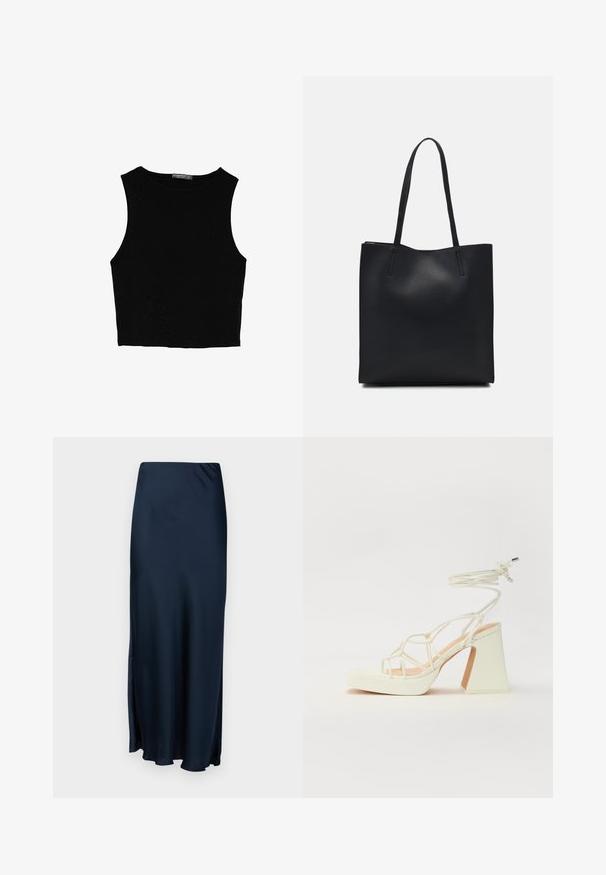Schwarzes ärmelloses Crop-Top aus glattem Stoff, mit rundem Ausschnitt und einem klaren, schlichten Design ohne Muster oder Beschläge.; Lindex MARY - Maxirock - navy blue; Weiße High-Heel-Sandale mit einem klobigen Absatz, die über ein Riemchendesign und ein Knöchelband verfügt. Glatte Textur mit einer Plattform vorne für zusätzliche Höhe.; Schwarze Laptoptasche aus Leder mit glatter Textur, rechteckiger Form und zwei langen Griffen. Keine sichtbaren Beschläge oder Verzierungen.