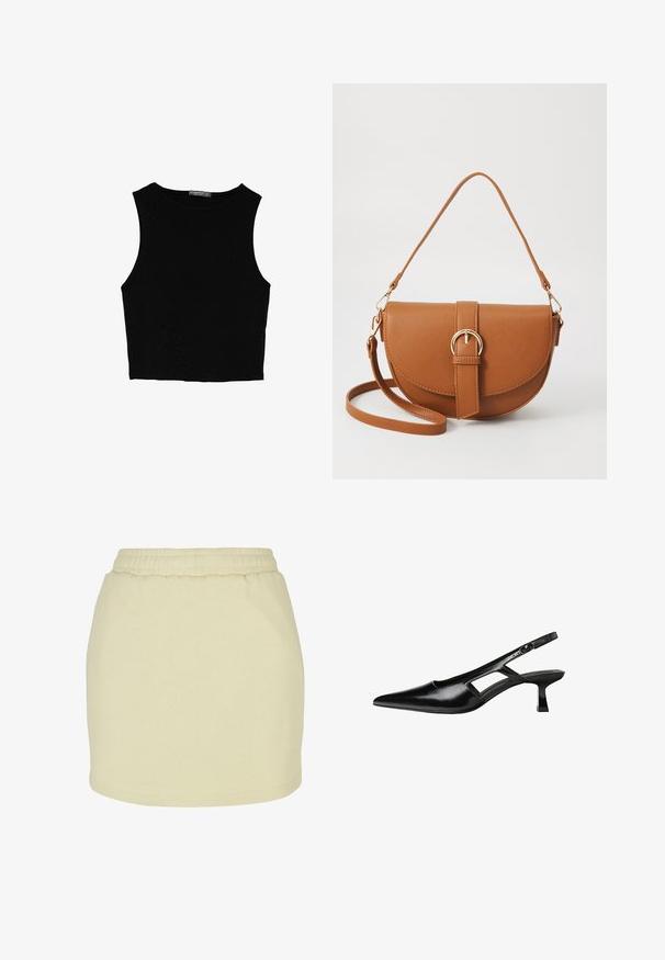 Top court sans manches noir en tissu lisse, avec un col rond et un design épuré, simple, sans motifs ni accessoires.; Jupe jaune clair en tissu doux, dotée d'une taille élastique et d'une coupe droite. Texture lisse sans motifs ni accents visibles.; Escarpins slingback en cuir verni noir avec un bout pointu, un design découpé sur les côtés et un petit talon carré. Texture lisse avec des accents minimaux.; Sac bandoulière en cuir marron avec une forme incurvée, quincaillerie dorée et un accent en boucle. Comprend une bandoulière détachable.