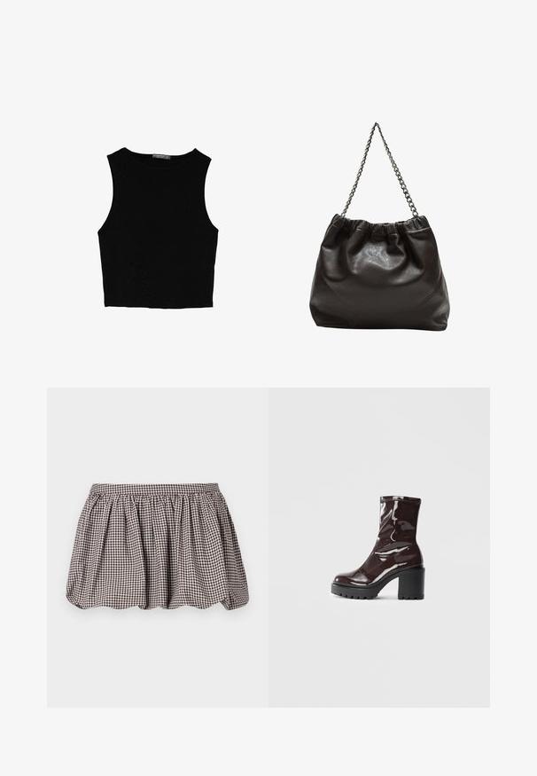 Top corto senza maniche nero realizzato in tessuto liscio, con scollatura rotonda e un design pulito e semplice, privo di pattern o accessori.; Gonna A-line a scacchi marrone e bianco con vita arricciata, realizzata in tessuto leggero, caratterizzata da una sottile trama testurizzata.; Stivale alla caviglia bordeaux lucido con un tacco spesso nero, caratterizzato da una superficie liscia e un design semplice. Nessuna chiusura visibile o motivo.; Borsa in pelle marrone con parte superiore arricciata e tracolla a catena. Texture liscia con finitura lucida e dettagli di cucitura sottili sui lati.