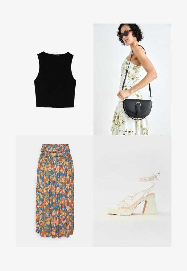 Zwarte mouwloze crop top van soepel materiaal, met een ronde hals en een schone, eenvoudige uitstraling zonder patronen of hardware.; Florale maxi rok met een verzamelde tailleband, met levendige oranjerode, groene en blauwe patronen. Lichtgewicht stof met geplooide textuur.; Witte hoge hakken sandaal met een chunky hak, met een bandjesontwerp en enkelband. Gladde textuur met een plateau voor extra hoogte.; Zwarte leren handtas met een gebogen vorm, afneembare schouderband en gouden hardware. De tas heeft een klep met een gespsluiting.