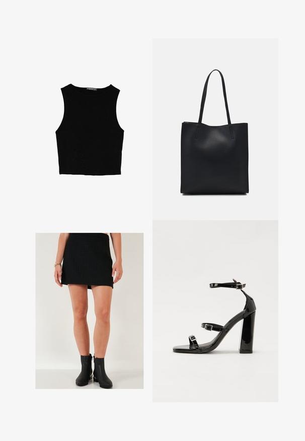 Čierny bezrukávový crop top vyrobený z hladkej tkaniny, so zaobleným výstrihom a čistým, jednoduchým dizajnom bez vzorov alebo kovania.; Čierna mini sukňa z texturovanej látky s károvaným vzorom; v kombinácii s čiernymi členkovými čižmami s bočným zipsom a blokovým podpätkom.; Čierne lakované sandále na podpätku so štvorcovou špičkou, navlečenými remienkami okolo členku a striebornými prackami. Disponujú masívnym blokovým podpätkom pre stabilitu.; Čierna kožená taška na rameno s hladkým povrchom, obdĺžnikovým tvarom a dvoma dlhými uchami. Bez viditeľného kovania alebo ozdôb.