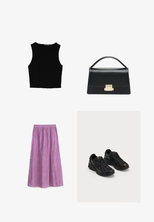 Black sleeveless crop top made of smooth fabric, featuring a round neck and a clean, simple design without patterns or hardware.; Lilac maxi skirt with elastic waistband, featuring embroidered swirl patterns and eyelet cutouts for texture and breathability.; Black athletic shoes made of mesh and synthetic materials. Features a cushioned sole, textured patterns, and embossed branding on the side.; Black leather handbag with a structured design, top handle, and a gold metal clasp detail on the front. Smooth texture, minimal stitching.