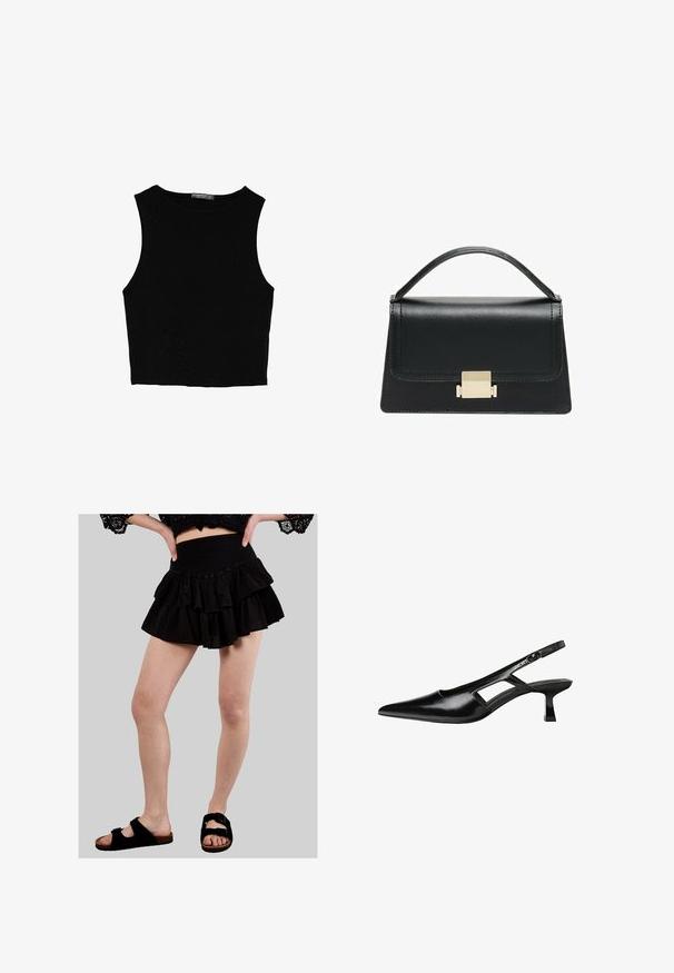 Czarny bezrękawnik crop top z gładkiego materiału, z okrągłym dekoltem i czystym, prostym wzornictwem, bez wzorów czy metalowych elementów.; Czarna, warstwowa spódnica z falbanami i gumką w pasie, wykonana z lekkiego materiału. Połączona z czarnymi sandałami z dwoma regulowanymi paskami.; Czarne lakierowane czółenka na odkrytej pięcie z wąskim noskiem, z wykrojem po bokach i małym kwadratowym obcasem. Gładka faktura z minimalnymi akcentami.; Czarna skórzana torebka o zorganizowanej konstrukcji, z górną rączką i złotym metalowym zapięciem z przodu. Gładka faktura, minimalne przeszycia.