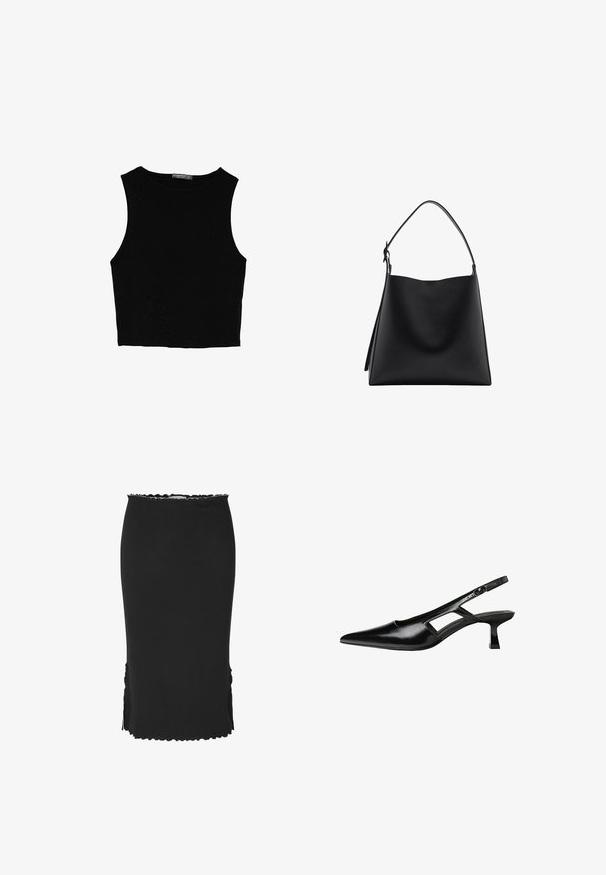 Top court sans manches noir en tissu lisse, avec un col rond et un design épuré, simple, sans motifs ni accessoires.; Jupe noire longue jusqu'aux chevilles, confectionnée dans un tissu texturé, avec un ourlet festonné et des fentes sur les côtés pour plus de mobilité.; Escarpins slingback en cuir verni noir avec un bout pointu, un design découpé sur les côtés et un petit talon carré. Texture lisse avec des accents minimaux.; Sac à main en cuir noir avec une texture lisse, un design minimaliste et une seule sangle d'épaule incurvée. Ouverture sur le dessus, sans matériel visible.