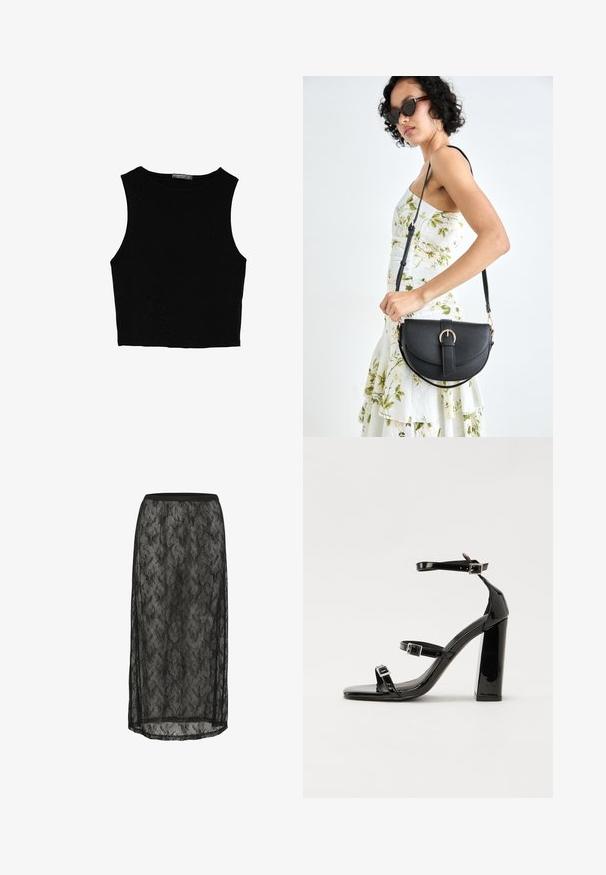 Černý bezsleeve crop top vyrobený z hladké tkaniny, s kulatým výstřihem a čistým, jednoduchým designem bez vzorů nebo kovových doplňků.; Černá krajková midi sukně s květinovým vzorem, elastickým pasem a průhlednou tkaninou se bočními rozparky pro zvýraznění detailu a pohybu.; Černé lakované sandály na podpatku se čtveratou špičkou, lýtkovými pásky a stříbrnými přezkami. Disponují masivním blokovým podpatkem pro stabilitu.; Černá kožená kabelka s křivkovým tvarem, odnímatelným popruhem a zlatými detaily. Kabelka má klopu s přezkou.