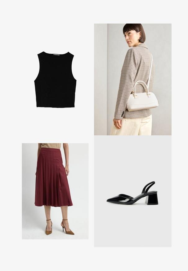 Schwarzes ärmelloses Crop-Top aus glattem Stoff, mit rundem Ausschnitt und einem klaren, schlichten Design ohne Muster oder Beschläge.; Bordeauxfarbene, plissierte Midiskirt mit hoher Taille, der eine glatte Textur und eine fließende Form hat, kombiniert mit braunen High Heels.; Schwarze Lackleder-Slingback-High Heels mit spitzem Schuh und einem geometrischen Blockabsatz. Verfügt über ein schlankes, minimalistisches Design und eine glatte Textur.; Weiße strukturierte Handtasche mit kurzen Griffen und einem Schultergurt, ausgestattet mit goldfarbenen Hardware-Elementen und strukturiertem Material, vor einem grauen Hintergrund präsentiert.