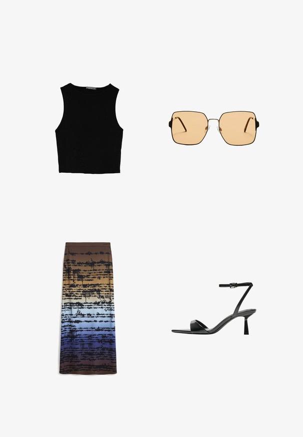 Top court sans manches noir en tissu lisse, avec un col rond et un design épuré, simple, sans motifs ni accessoires.; Jupe maxi dégradé marron à bleu avec un design de texte noir texturé et dégoulinant. Le matériau semble doux et léger.; Bershka Sandales à talons hauts - black; Lunettes de soleil carrées avec des verres marron et une fine monture en métal noir. Présente des branches angulaires et des plaquettes de nez ajustables pour un confort optimal.; Sac bandoulière en cuir marron avec une forme incurvée, quincaillerie dorée et un accent en boucle. Comprend une bandoulière détachable.