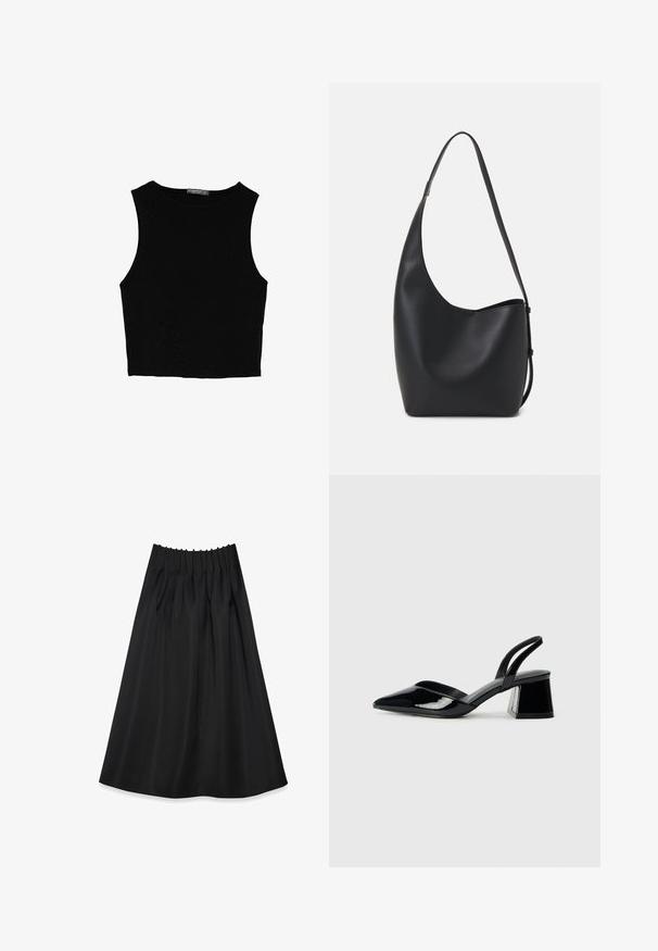 Sort ærmeløs crop top lavet af glat stof, med rund hals og et rent, enkelt design uden mønstre eller hardware.; Sort skørt lavet af glat stof med en elastisk talje og plisseringer, der har et flydende design, der strækker sig til midt på læggen.; Sorte patentlæder slingback hæle med spids tå og en geometrisk blok hæl. Har et elegant, minimalistisk design og en glat tekstur.; Sort læder hobo taske med en glat overflade, buet form og en enkelt justerbar rem; har en bred åbning øverst.