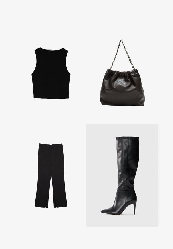 Czarny bezrękawnik crop top z gładkiego materiału, z okrągłym dekoltem i czystym, prostym wzornictwem, bez wzorów czy metalowych elementów.; Czarne spodnie o prostym kroju, z przednimi kieszeniami i bocznymi rozcięciami na dole. Wykonane z miękkiego, gładkiego materiału. Odpowiednie na różne okazje.; Czarne skórzane botki do kolan z wydłużonym noskiem i szpilką, o gładkiej fakturze i minimalistycznym wzornictwie, bez widocznych ozdób.; Brązowa skórzana torba z marszczonym szczytem i łańcuszkowym paskiem. Gładka tekstura z błyszczącym wykończeniem i subtelnymi detalami szwów po bokach.