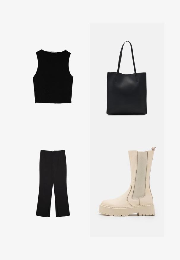 Top court sans manches noir en tissu lisse, avec un col rond et un design épuré, simple, sans motifs ni accessoires.; Pantalon noir avec une coupe droite, doté de poches avant et d'éclairs sur l'ourlet. Fabriqué en tissu doux et lisse. Convient à diverses occasions.; Bottines beiges avec un corps en cuir texturé, des panneaux latéraux élastiques et une semelle plateforme épaisse avec un design de semelle robuste.; Sac fourre-tout en cuir noir avec une texture lisse, de forme rectangulaire et deux longues poignées. Pas de matériel ou d'ornementations visibles.