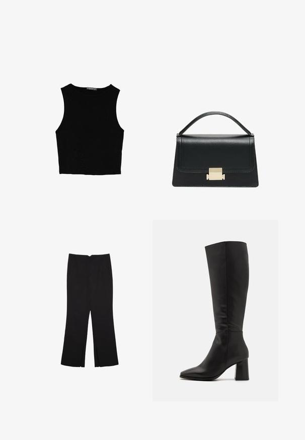 Črn brez rokavov crop top, izdelan iz gladkega materiala, z okroglim izrezom in čistim, preprostim dizajnom brez vzorcev ali dodatkov.; Črne hlače ravnega kroja z naglavnimi žepi in stranskimi razporki na robu. Narejene iz mehke, gladke tkanine. Primerne za različne priložnosti.; Črne čizme do kolen, izdelane iz gladkega usnja. Imajo koničast nos in debel, teksturiran blok peta. Minimalni šivi.; Črna usnjena torbica z strukturiranim dizajnom, zgornjim ročajem in zlate kovinske sponke na sprednji strani. Gladka tekstura, minimalno šivanje.