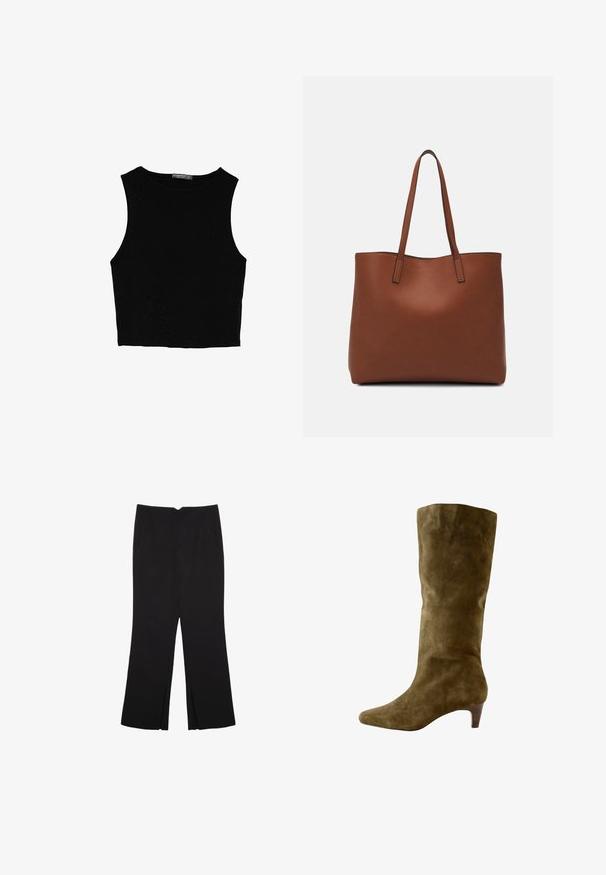 Schwarzes ärmelloses Crop-Top aus glattem Stoff, mit rundem Ausschnitt und einem klaren, schlichten Design ohne Muster oder Beschläge.; Schwarze Hose mit geradem Schnitt, ausgestattet mit Fronttaschen und Seitenschlitzen am Saum. Hergestellt aus weichem, glattem Stoff. Geeignet für verschiedene Anlässe.; Next FOREVER COMFORT KNEE HIGH HEELED - Stiefel - olive; Braune Leder-Tote mit glatter Textur, offenem Oberteil und zwei Schulterriemen. Verfügt über minimale Nähte und keine sichtbaren Beschläge.