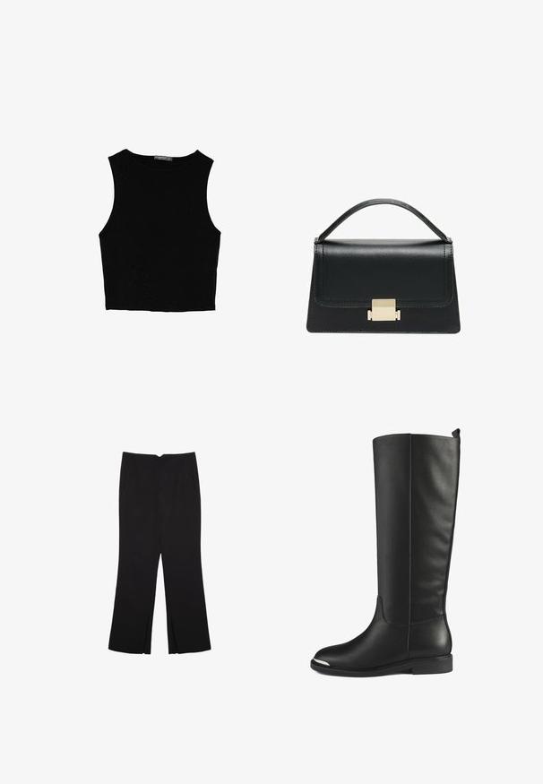 Schwarzes ärmelloses Crop-Top aus glattem Stoff, mit rundem Ausschnitt und einem klaren, schlichten Design ohne Muster oder Beschläge.; Schwarze Hose mit geradem Schnitt, ausgestattet mit Fronttaschen und Seitenschlitzen am Saum. Hergestellt aus weichem, glattem Stoff. Geeignet für verschiedene Anlässe.; Knöchelhohe schwarze Lederstiefel mit glatter Textur, runder Zehenform und silbernem Akzent an der Zehe. Mit flachem, niedrigem Absatz und nahtlosem Design.; Schwarze Lederhandtasche mit strukturiertem Design, oberem Griff und einem goldenen Metallschnappverschluss auf der Vorderseite. Glatte Textur, minimale Nähte.